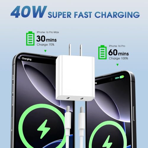iPhone 17 Pro Max Charger Fast Charging, 40W Dual USB C Fast Charger - color: White, Dual USB-C ports, size: 6ft