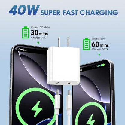 iPhone 17 Pro Max Charger Fast Charging, 40W Dual USB C Fast Charger - color: White, Dual USB-C ports, size: 6ft