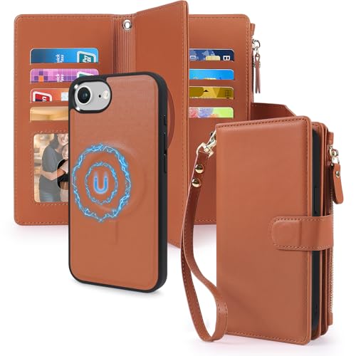 Magnetic Case for iPhone 16E Wallet Compatible with Magsafe RFID Blocking Card Holder Detachable Phone Cover Kickstand Snap Strap Zipper Pocket PU Leather (Brown) - color: Brown, size: iPhone 16e
