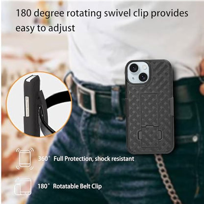for iPhone 15+ Plus Belt Clip Case Holster, Screen Protector-Black | Camera Lens Protector, Swivel Kickstand Holder, Slim Shell Pouch Full Body Protective, Shockproof Outdoor Cell Phone Cover - size: iPhone 15 Plus