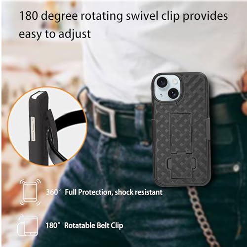 Ailiber for iPhone 15+ Plus Belt Clip Case Holster, Screen Protector-Black | Camera Lens Protector, Swivel Kickstand Holder, Slim Shell Pouch Full Body Protective, Shockproof Outdoor Cell Phone Cover - size: iPhone 15 Plus