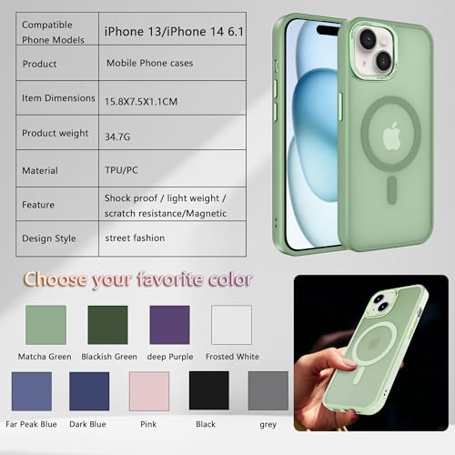 Magnetic iPhone 14/13 case,Compatible with Magsafe, Military-Grade Protection,Slim Translucent Matte Shockproof with Anti-Scratch Anti-Fingerprint Phone Cover (Matcha Green, iPhone 14/13) - color: Matcha Green, size: iPhone 14/13