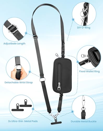 Clip and Go Strap for Phone with Wallet Crossbody, Adjustable Neck Lanyard, Detachable Wristlet Wallet with Zipper Phone Screen ID Window, 2x Tether Tabs Compatibe for iPhone & Most Cellphones Black - color: Black