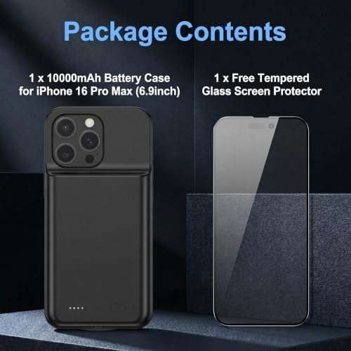 Battery Case for iPhone 16 Pro Max, 10000mAh Rechargeable Charging Case with LED Power Display, Black - size: For iPhone 16PM