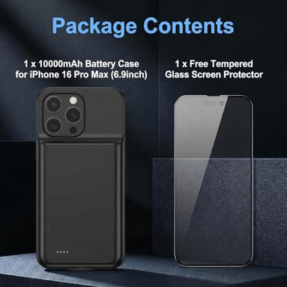 Battery Case for iPhone 16 Pro Max, 10000mAh Rechargeable Charging Case with LED Power Display, Black - size: For iPhone 16PM