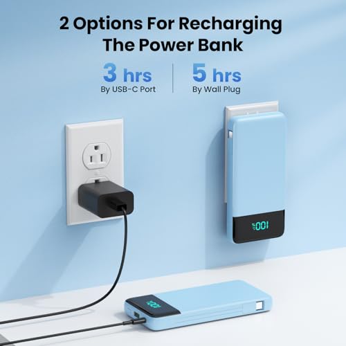 Portable Charger for iPhone with Built in Cables and Wall Plug,Upgraded 13800mAh Fast Charging USB C Power Bank,4 Outputs Travel Essential Battery Pack Compatible with iPhone 17/16/15/14,-Light Blue - color: Light Blue