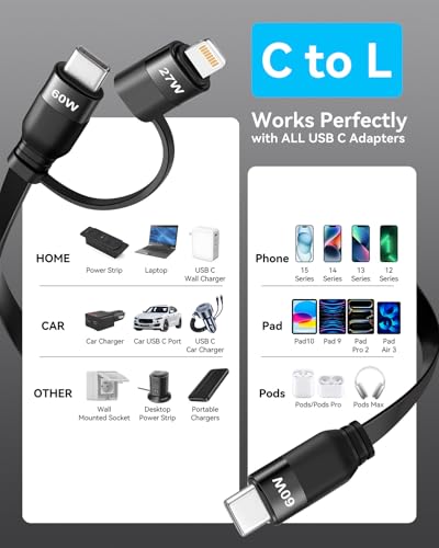 Multi Charging Cable, 2 in 1Retractable Multi Charging Cord - size: 27W TO 60W:2PACK