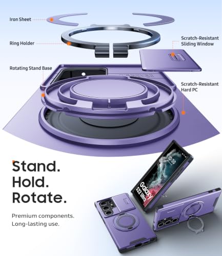 JAME for Samsung Galaxy S22 Ultra Case with Ring Stand Slide & Camera Cover - color: Purple, size: Galaxy S22 Ultra