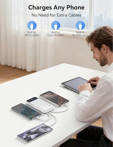Nusyddy Portable Charger 10000mAh with 4 Built-in Cables & 6 Outputs White - color: White