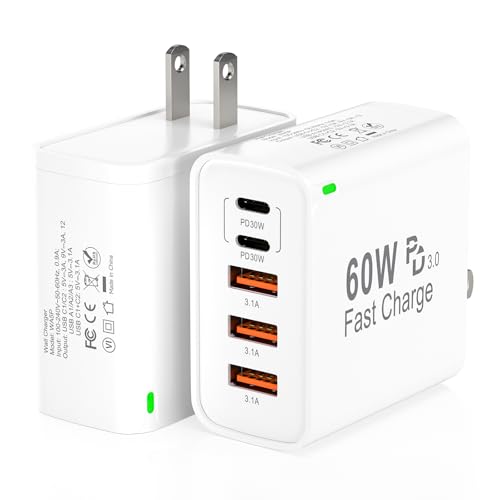 2Pack USB C Fast Charger Block, Total 60W 5-Port USB C Wall Charger 30W - color: White