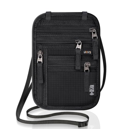 Likesing 5.5" L x 7.9" W Travel Neck Wallet, RFID Passport Pouch(Black) - color: Black