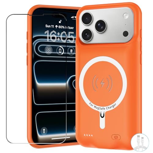 Battery Case for iPhone 17 Pro Max, Upgraded 12000mAh Pack Rechargeable Charger Case with Wireless Charging Compatible for iPhone 17 Pro Max (6.9 inch) External Battery Charging Cover (Orange) - size: iPhone 17 Pro Max-Orange