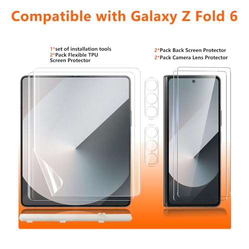 [2Set 6PCS] Screen Protector for Galaxy Z Fold 6, 2 Inner TPU Matte Films + 2 Outer Tempered Glass + 2 Camera Lens Protecters with Positional Mouting Frame, Anti-Glare, No Creases, No Bubbles - size: Samsung Galaxy Z Fold 6