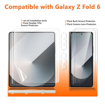 [2Set 6PCS] Screen Protector for Galaxy Z Fold 6, 2 Inner TPU Matte Films + 2 Outer Tempered Glass + 2 Camera Lens Protecters with Positional Mouting Frame, Anti-Glare, No Creases, No Bubbles - size: Samsung Galaxy Z Fold 6
