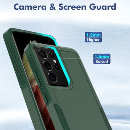 for Samsung Galaxy S21 Ultra Case: Dual Layer Protective Heavy Duty Cell Phone Cover Shockproof Rugged with Screen Protector - Military Protection Bumper Tough - Samsung Galaxy S21 Ultra, Dark Green - color: Dark Green (PC) + Dark Green (TPU)
