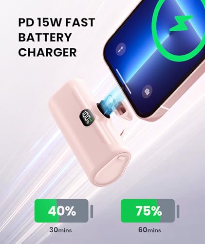 Pink Small Portable Charger for Lightning Builtin Metal Stand Lightweight Power Bank 5000mah With Digital Display Mini External Battery Pack for iPhone 14/13/13pro/13pro max/12/11/XR/6/6s/iPad/SE - color: Pink