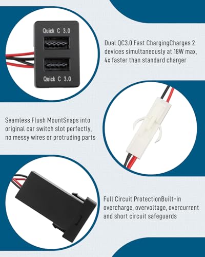 QC3.0 Dual USB Power Socket Car Charger Fit for Toyota Sequoia Highlander Tacoma Tundra 4Runner RAV4 Yaris – Quick Charge Car Charger USB Adapter