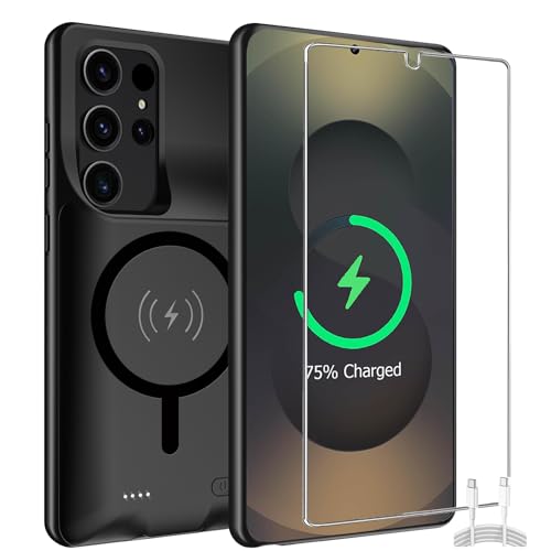 Battery Case for Galaxy S25 Ultra, 12000mAh High-Capacity Protective Rechargeable Extended Charger Power Case Compatible Qi Magsafe with Galaxy S25 Ultra(6.9 inch) Wireless Charging Cover(Black) - size: Galaxy S25 Ultra