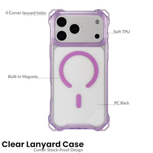 Magnetic for iPhone 17 Pro Max Crossbody Phone Case,Light Purple,Clear Magnetic Soft Frame PC Back Shockproof Protective Phone Cover with Adjustable Detachable Lanyard,Compatible with MagSafe - color: Light Purple, size: iPhone 17 Pro Max