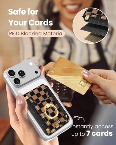 Shorogyt Compatible with Magsafe Wallet with Ring Grip Magnetic Card Holder - Cute Phone Wallets with Stand for iPhone 17/16/15/14/13/12 Series for Women Girls Black Grid Design, Fit 7 Cards - color: Black Grid