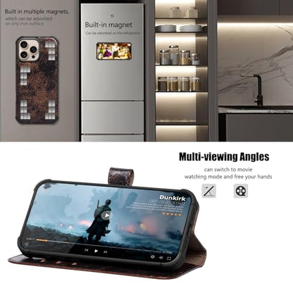 Leather Case Compatible with iPhone 14 Pro Wallet 6.1" | Genuine Leather 2-in-1 Magnetic Detachable Shockproof,Flip Folio Cover with Card Slot,RFID Blocking Brown Coffee - color: Brown Coffee, size: 6.1"-14 pro