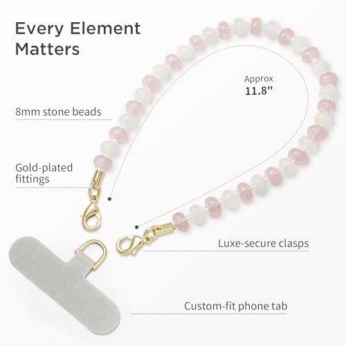 POSADINA Natural Stone Phone Charm, Beaded Healing Phone Wrist Strap, Handmade Cellphone Chain Lanyard with Tether Tab - color: Rose Moon