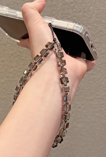 Crystal & Pearl Phone Charm Wrist Strap, Beaded Lanyard Wristlet Chain, Hands-Free Bracelet Strap for Phone Cases - color: Gray