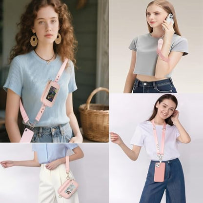 Phone Lanyard Crossbody with Wrist Strap, Adjustable Phone Strap Crossbody with Detachable Wallet for All Phones,Universal Cell Phone Neck lanyard for Travel Essentials-Pink - color: Pink