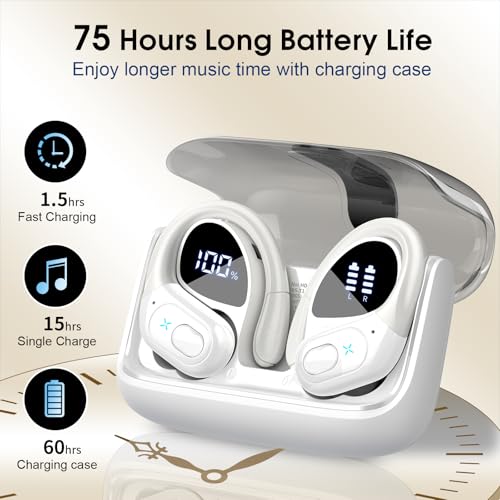 Wireless Earbuds 75H Bluetooth 5.4 Sport Headphones with Earhooks, White - color: White