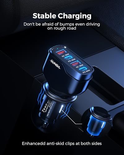 SUNDA 120W USB C Fast Car Charger, USB C Car Phone Charger, 4-Port (2 USB-C + 2 USB-A) PD 3.0/60W PPS QC 3.0, Cigarette Lighter USB Charger Adapter for Road Trip iPhone/Samsung/Google Pixel/iPad