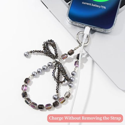 WOZEAH Phone Charm for Women, Beaded Wrist Strap Lanyard with Tether Tab – Anti-Theft Hands-Free Detachable Phone Chain Wristlet - color: Crystal Bow