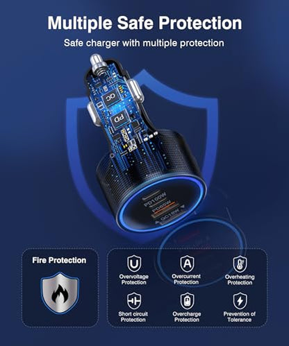 USB C Car Charger Fast Charge,200W Dual PD 4-Port Cigarette Lighter Adapter