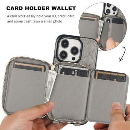 Bocasal Crossbody Wallet Case Card Holder for iPhone 15 Pro, Grey | RFID Blocking PU Leather Zipper Handbag Purse, Kickstand Flip Folio Case with Card Slots Holder Wrist Strap Lanyard 6.1 Inch - color: Gray