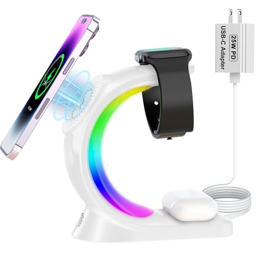 Mag-Safe 3 in 1 Wireless Charging Station, 15W Magnetic Wireless Charger - color: White