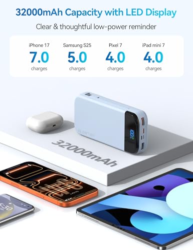 Phone Battery Bank 32000mAh 22.5W w/Built-in Cables & USB C Fast Charging - color: Blue