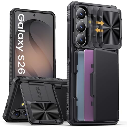 SSLOTSCASE for Samsung Galaxy S26 Case, Card Holder [RFID Protection] & Stand & Sliding Camera Lens Cover, Heavy Duty Rugged Hard Wallet Protective Phone Case Cover for Galaxy S26 6.3" 2026, Black - color: Black, size: S26