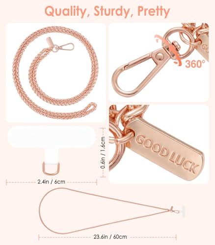 MoKo Universal Phone Lanyard, Metal Cell Phone Chain Crossbody Strap Anti-Theft Detachable Women Cellphone Lanyards Around The Neck with Patches for iPhone, Most Smartphones, Pale Rose Gold - color: Pale Rose Gold