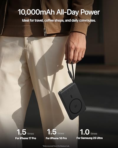 Baseus Picogo AM52 MagSafe Power Bank, Qi2.2 25W 10,000mAh Magnetic Portable Charger, 0.6" Slim Built-in 45W USB-C Cable, Alloy Fast Charging Wireless Battery Pack for iPhone 17/16/15/14/13/12 Only - color: Deep Black