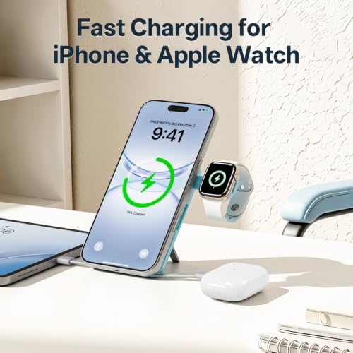 Q Magnetic Wireless Portable Charger 10,000mAh, Travel Essentials Power Bank with Built-in Cables & Foldable Stand, External Battery Pack Compatible with iPhone 17/16/15/14/13/12, Apple Watch - color: Blue