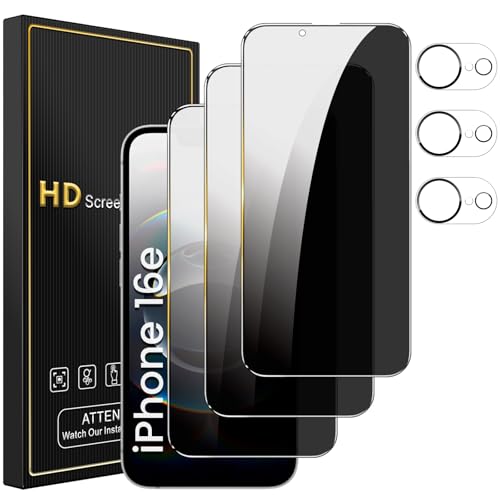 Romkasi 3 Pack Privacy Screen Protector for iPhone 16e 6.1 Inch with 3 Pack Camera Lens Protector, Anti Spy Tempered Glass Film, Anti-Scratch, Touch Sensitive, Case Friendly - color: iPhone 16e