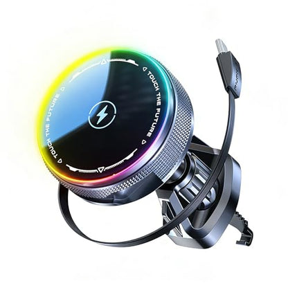 Car Mount Charger 15W Magnetic Phone Holder with Type-C Retractable Cable and RGB Light, Mag Wireless Charging Phone Mount for Air Vent Compatible with iPhone, Samsung, All Smartphones (Gray)