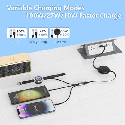 Retractable 100W Samsung Galaxy Watch Charger Fast Charge Cable - Multi 3-in-2 USB C/A to Lightning+USB C for Watch 6/5/4/3/2/Pro/Active, iPhone 15/14/13/12, S24/23/S22
