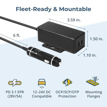 Coolgear 145W Dual USB-C Car Charger - PD 3.1 EPR Type C Vehicle Charger with 140W Laptop Charging, Mountable Flanges and 12V to 24V Plug for Trucks, Fleet Vans and Mobile Workstations