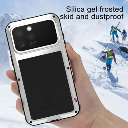 LOVE MEI Military Rugged Case for iPhone 16 Pro Max, with Tempered Glass Screen Protector, Shockproof Dustproof Scratch Proof Hybrid Metal and Silicone Gel Heavy Duty Full Body Cover Silver - color: Silver