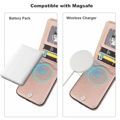 KIHUWEY for iPhone 14 Pro Max Wallet Case for MagSafe, Rose Gold | Card Holder, Wireless Charging, RFID, Flip PU Leather, Magnetic, Kickstand, Heavy Duty Protective - color: Magsafe for Rose Gold