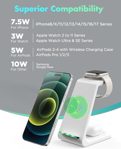 3 in 1 Wireless Charging Station, 2026 Upgraded Fast Desk Charger Station for iPhone 17 16 15 14 13 12 Pro Max Plus, Charger Stand for Apple Watch 11 10 9 8 7 6 5 4 3 2 Ultra SE, Airpods 4 3 2 Pro - color: A-White