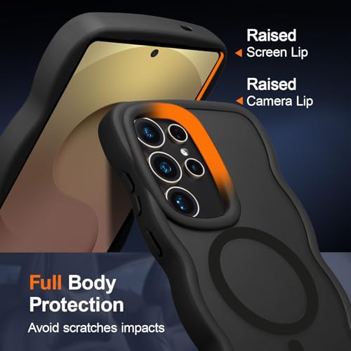 UEEBAI Magnetic for Samsung Galaxy S24 Ultra 5G Case, Cute Cover Compatible with MagSafe, Transparent Clear Wave Design Wavy Frame Matte Phone Case- Black - color: Black, size: Samsung Galaxy S24 Ultra 5G