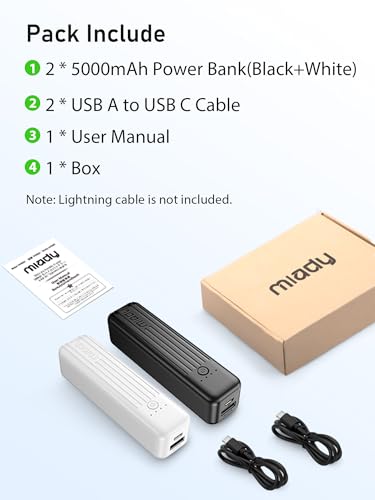 Miady 2-Pack Small Portable Charger 5000mAh Power Bank Travel Battery Pack - color: White+Black