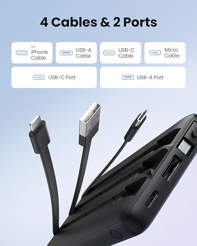 Portable Charger with Built-in Cables, Slim 10000mAh Power Bank with USB C, Travel Essentials External Battery Pack 5 Outputs 2 Inputs LED Display Compatible with iPhone/Android & More(Black) - color: Black