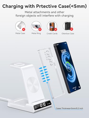 Wireless Charger for Samsung S25 with Clock 3 in 1 Android Charging Station - color: White
